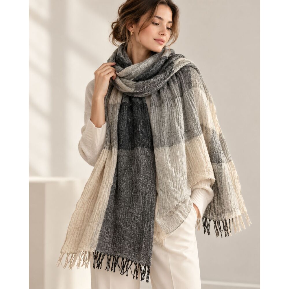 L’AGENCE 100% Cashmere Oversized Scarf Wrap Made in Italy Black Gray Ivory 28x74